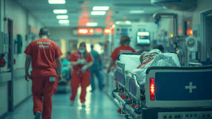 Wall Mural - An urgent situation medical procedure being performed by a team of doctors and nurses, captured in a dynamic photo.