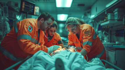 Wall Mural - an urgent situation medical procedure being performed by a team of doctors and nurses, captured in a