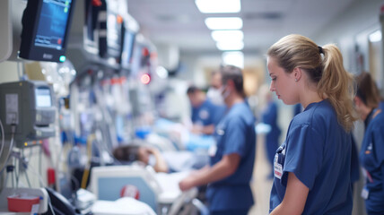 Wall Mural - group of doctors and nurses in a hospital emergency room. focus on the nurse