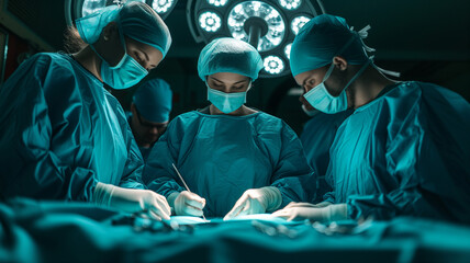 Wall Mural - group of surgeon surgery in operation room take with art lighting and blue filter