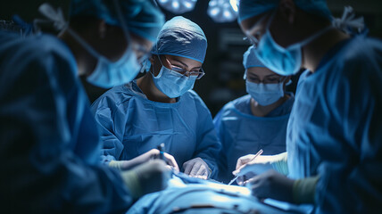 Wall Mural - group of surgeon surgery in operation room take with art lighting and blue filter