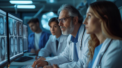 Wall Mural - group of doctors using computers in modern hospital. medical team working together.