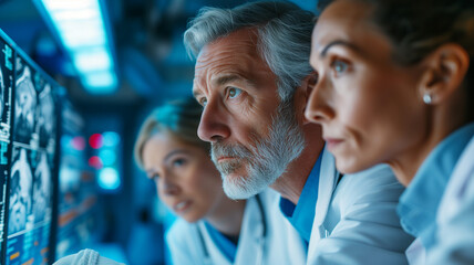 Wall Mural - team of doctors looking at x-ray image in the hospital.