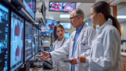 Wall Mural - doctors in white coats discussing something while sitting at the table in the hospital