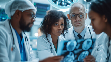 Wall Mural - multiethnic group of doctors looking at x-ray in hospital