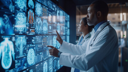 Wall Mural - doctor in white coat pointing at x-ray image in medical office