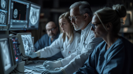 Wall Mural - team of doctors discussing x-ray in a modern operating room.