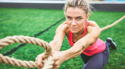 Wall Mural - Young woman exercising with battle rope at gym   fitness workout with copy space for text placement