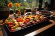Fruit skewers on the grill, flowery and a picnic in a sunny botanical garden., generative IA