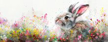Watercolor Easter Bunny In The Grass And Wildflowers With Room For Copy