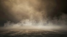 Abstract Image Of Dark Brown Room Concrete Floor Panoramic View Of The Abstract Fog White Cloudiness, Space For Product Presentation ,mist Or Smog Moves On Dark Brown Background