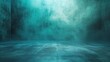 An expansive, murky room, its concrete floor gleaming faintly, as a teal mist moves languidly against a dark turquoise background.