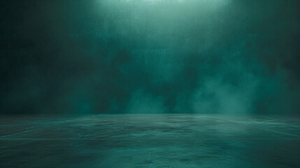 Wall Mural - An expansive, murky room, its concrete floor gleaming faintly, as a teal mist moves languidly against a dark turquoise background.