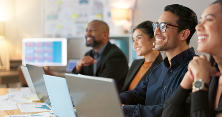 Poster - Man, presenter and collaboration with team in office for startup, strategy or business planning in New York. People, diversity and laugh at joke for work, technology or online documents for meeting