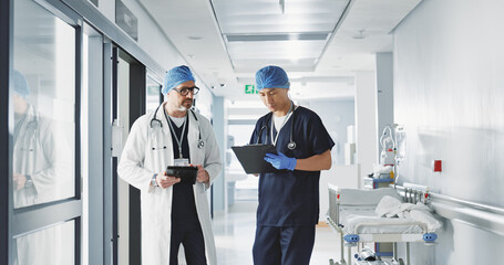 Poster - Healthcare, talking and doctors with a tablet at a hospital for health advice or surgery communication. Help, clinic and medical employees speaking with technology, planning and schedule for nursing
