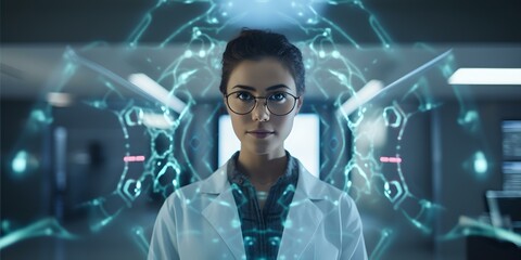 Aufkleber - Confident female scientist with futuristic interface. modern laboratory setting. technology and innovation concept. professional and focused. AI