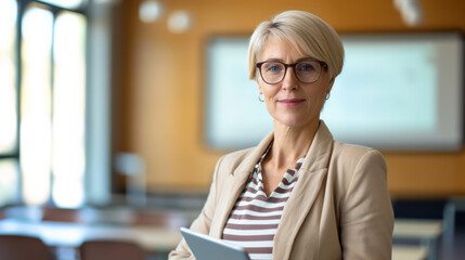 Canvas Print - professional middle-aged woman with short blonde hair and glasses is smiling at the camera, holding a tablet