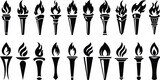 Fototapeta  - Torch and flame icons in flat style set. isolated on transparent background. The symbol of victory, success or achievement. Olympic burning torch in the Eiffel Tower. World Games. vector for apps web