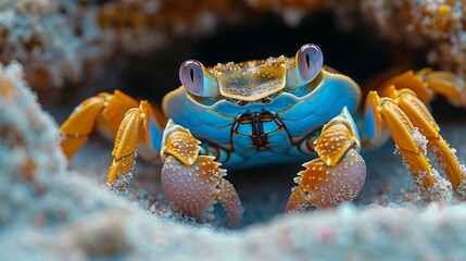 Poster - Shot of crab retreating into sand burrow on a beach , stock photography