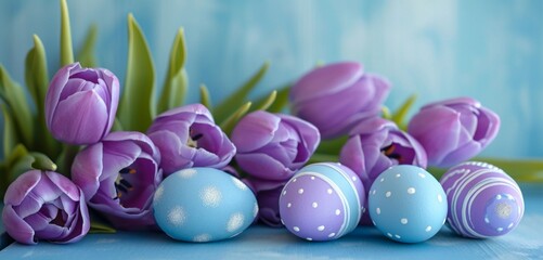  Lavender tulips with sky-blue painted Easter eggs.