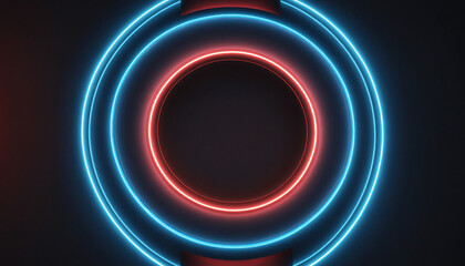 Wall Mural - Glowing neon circles and rays in abstract 3D render, minimalist geometric wallpaper