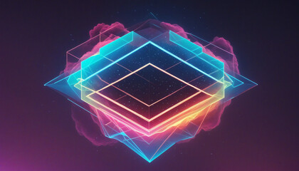 Wall Mural - neon geometric design with glowing rhombus shape on colorful background.