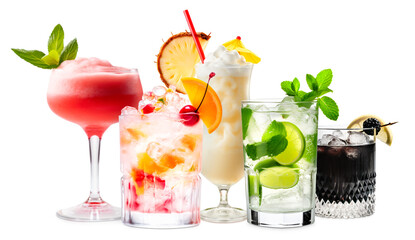 Wall Mural - Set and collection of classic alcohol cocktails or mocktail isolated on white background with fresh summer fruits