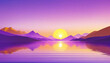 3d rendering, abstract fantastic geometric background. Violet yellow gradient sunset. Surreal landscape: hills, flat square glass panels and reflection in the water. Minimalist aesthetic wallpaper