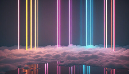 Wall Mural - Abstract Minimalist 3D Render with Neon Vertical Lines and Colorful Glowing Clouds