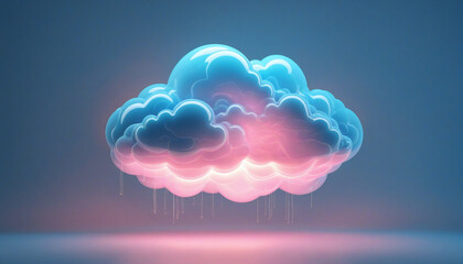 Wall Mural - 3D Abstract Blue Cloud with Pink Neon Light on Pastel Blue Background - Stormy Cumulus