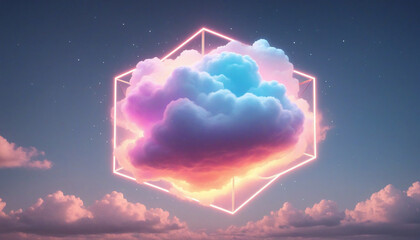 Wall Mural - Neon glowing rhombus shape in colorful cloud on white background, with blank linear frame in fantasy sky