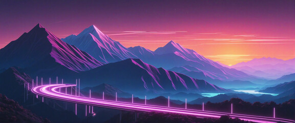 Wall Mural - neon abstract wallpaper with glowing speed lines and mountains at sunset