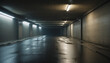 Dark underground parking garage or dimly lit alleyway. Damp pavement with illuminated walls. Notorious for criminal activity and late-night shenanigans. Creative technology used for inspiration.