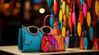 Bright accessories women's handbags with glasses on the store counter
