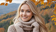 Young woman in warm clothing enjoys the beauty of autumn outdoors generated by AI