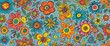 Colorful vintage hippie cartoon seamless pattern with smiling face flower print and tie dye fabric texture.