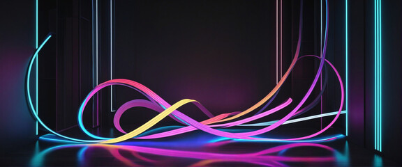 Wall Mural - Glowing neon lines in dark room with reflective floor. Dynamic abstract background.