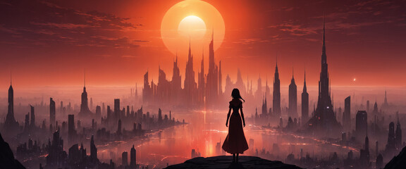 Wall Mural - Anime girl silhouette against skyline