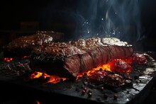 Fresh Raw Meat Fillet On The Baked Metal Sheet Over Burnt Charcoal, Generative IA