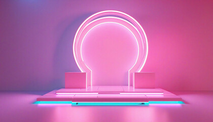 Wall Mural - Futuristic 3D rendered neon stage with an abstract geometric design, showcasing an empty pedestal for product presentation in a cyber entertainment setting 