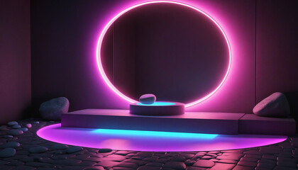 Wall Mural - 3d render, abstract minimalist neon background with cobble stone rocks, glowing ring and mirror refl