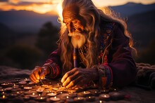 Shaman Conducts Spiritual Ceremony Of Protecting The Community Under The Sunset., Generative IA
