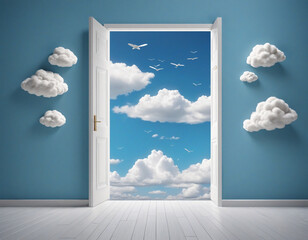 Wall Mural - 3d render, white fluffy clouds going through, flying out, open door, objects isolated on blue background. Door to haven abstract metaphor, modern minimal concept. Surreal dream scene