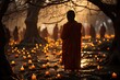 Buddhist monks in morning prayers, serene environment., generative IA