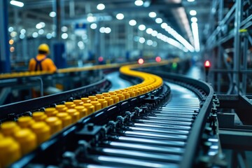 Poster - Close-up of assembly line in a modern hi-tech facility. Conveyor in a bright modern industrial workshop. Workers operate and monitor an automated assembly line for electronic devices and gadgets.