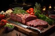 Superior view of the chef's knife next to large pieces of red meat and green vegetables on the wooden table. fresh meat., generative IA
