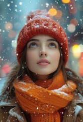 Canvas Print - happy festive beautiful woman in new year style wear on the snowing street