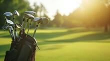 Golf Bag And Clubs In Front Of A Blurred Golf Course Background