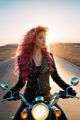 A woman with pink hair sits on a motorcycle.