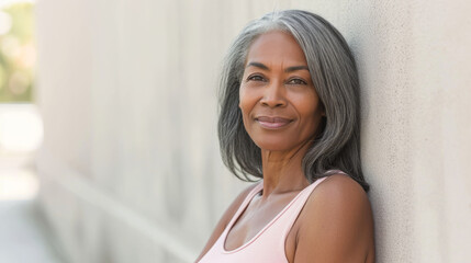 Canvas Print - mature woman with grey hair leaning against a beige wall, smiling gently at the camera